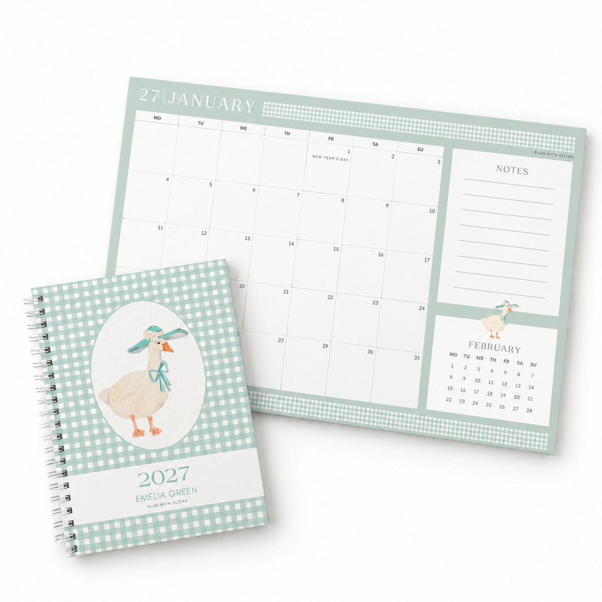 Emelia 2027 daily diary and matching mint gingham desk calendar flatlay
