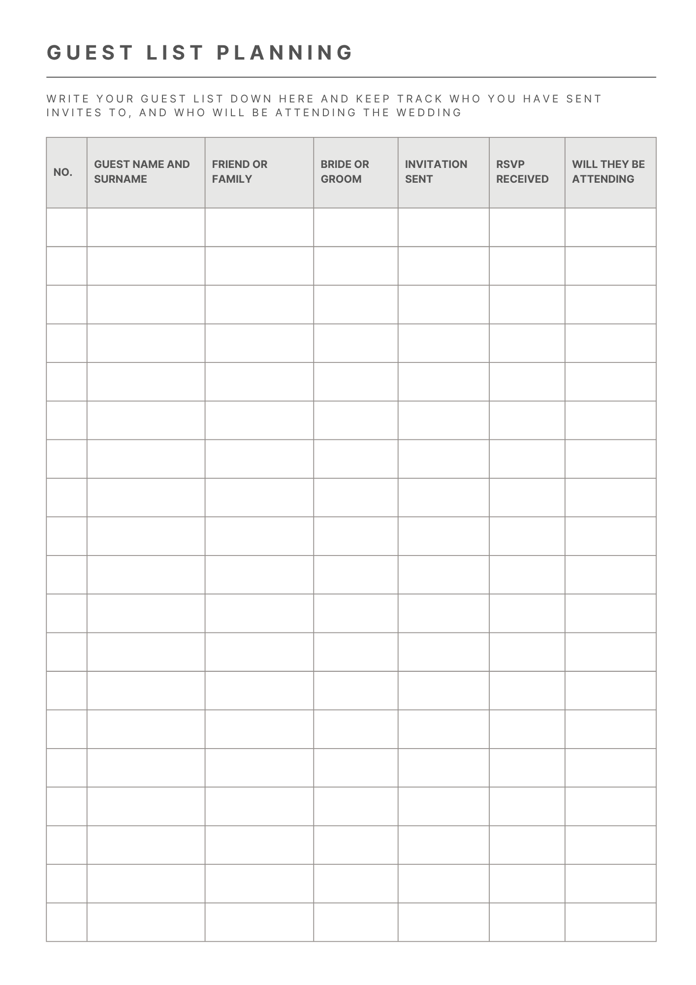 An example of how the guest list planning pages looks like in the Plan with Elizna Wedding Planner Notebook.