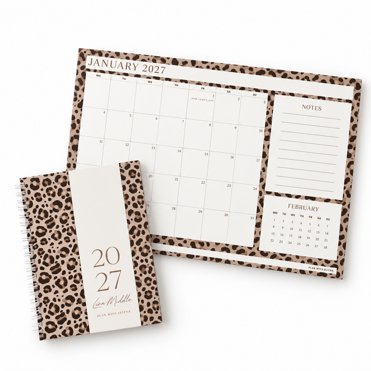 Liza 2027 daily diary and matching leopard print desk calendar bundle flatlay