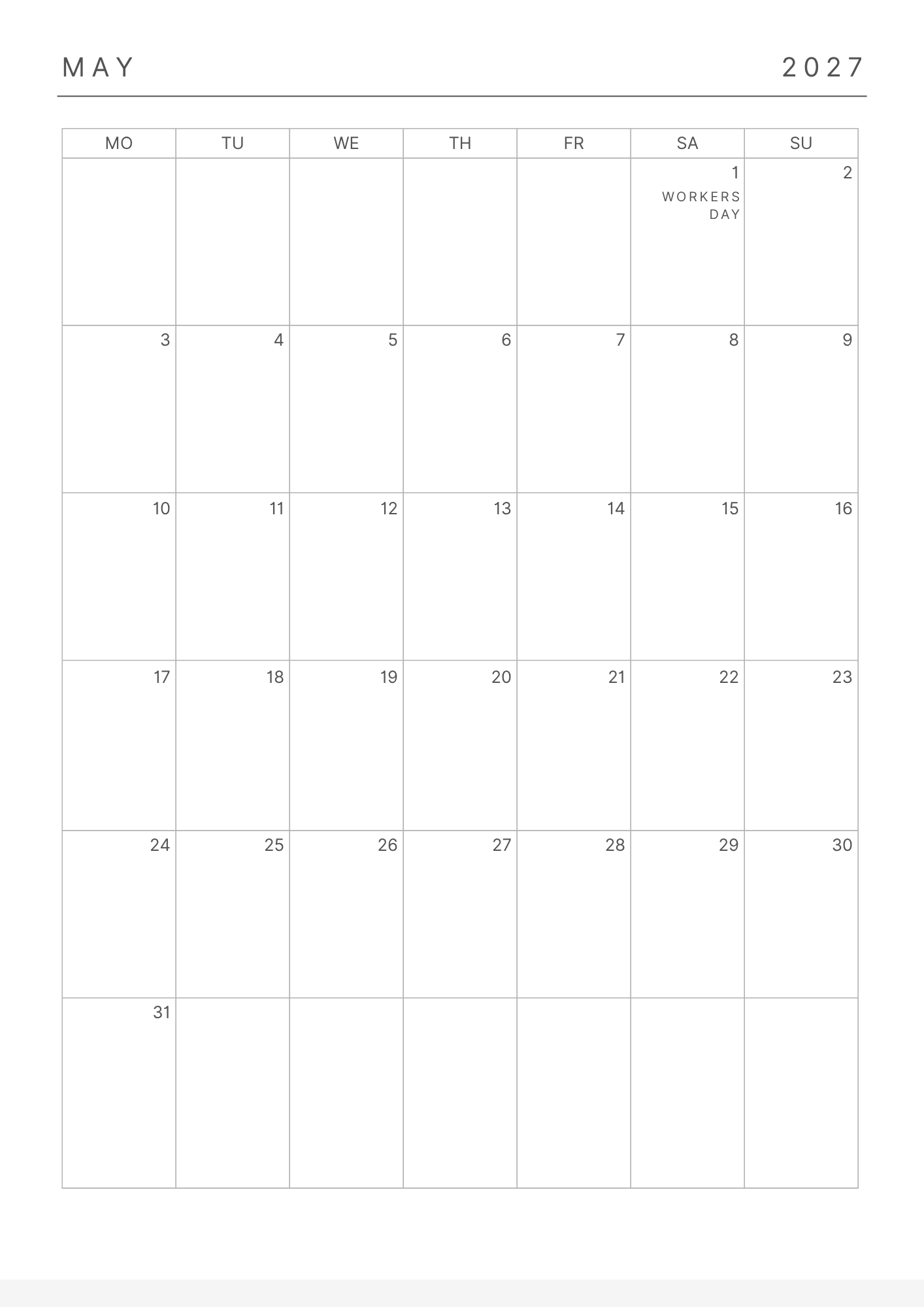 This image shows a monthly calendar for the month of May which is included in the Plan with Elizna Wedding Planner Notebook.