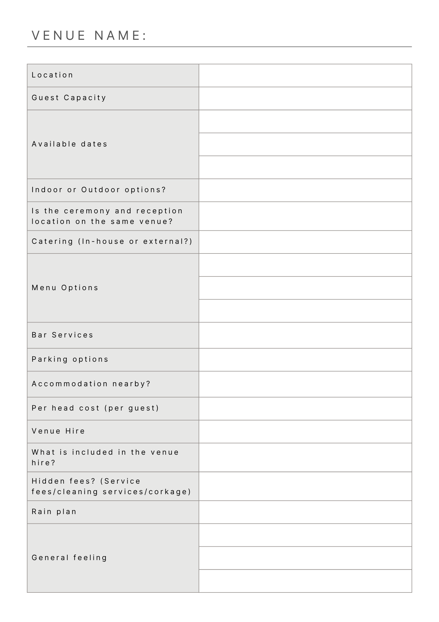 Write down all the information regarding the wedding venue.