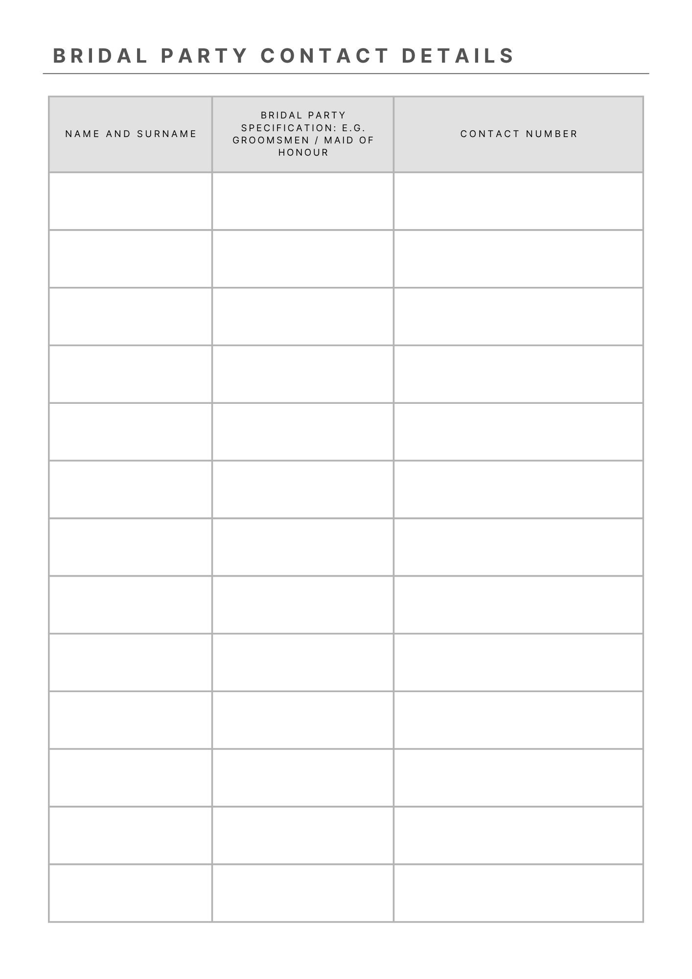 This image shows how the inside of the Plan With Elizna Wedding Planner Notebook looks like, and where brides can add their bridal party contact details.