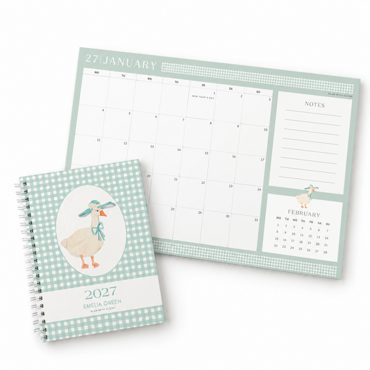 Emelia 2027 weekly diary and matching mint gingham desk calendar flatlay
